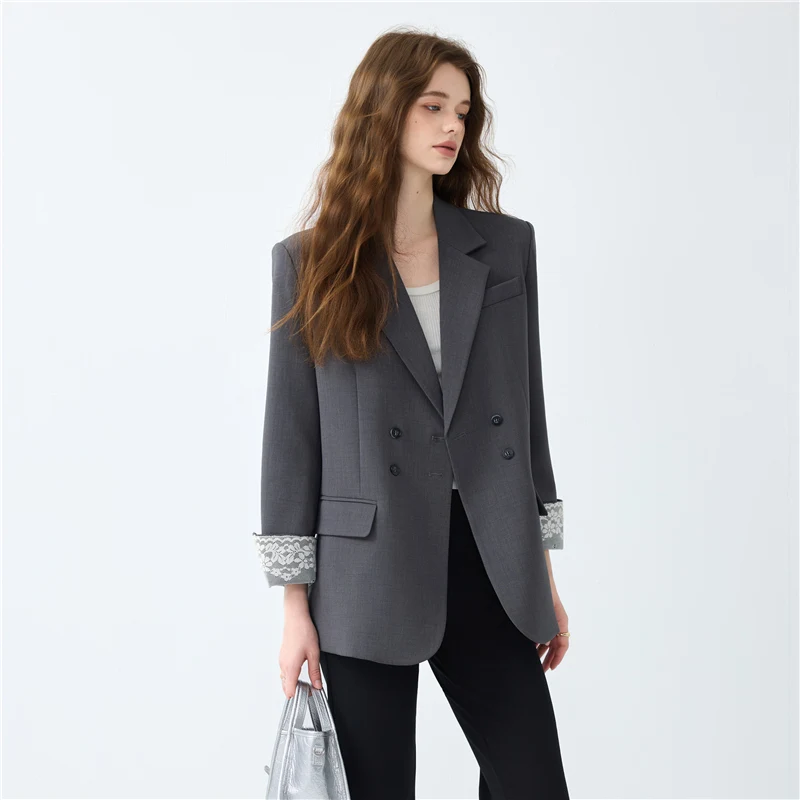 Upscale Suit Blazer Women Clothing Autumn  Loose Casual Double Breasted Jacket Office Ladies Coat Lace Spliced Design Outerwear