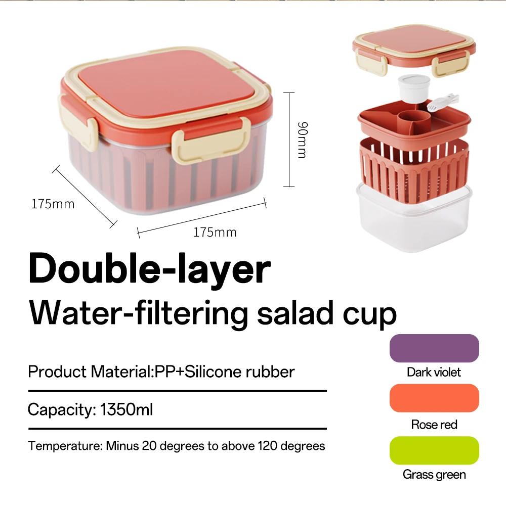 Square Single Layer Microwaveable Bento Box Portable Student Fruit Salad Container with Drainage Tray Food Storage Lunch Box