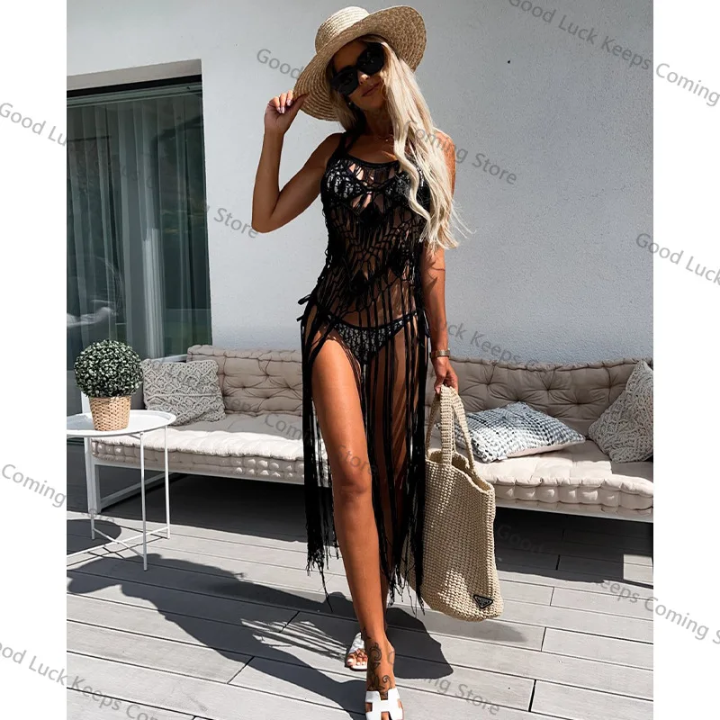 2025 เสื้อถักโครเชต์บิกินี่ COVER-UPS เซ็กซี่ Hollow OUT ชุดผู้หญิงฤดูร้อนเสื้อผ้าชายหาดสวมชุดว่ายน้ําดูผ่านพู่ COVER UP