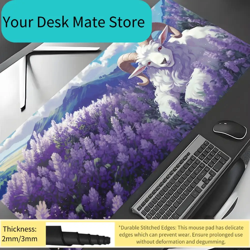 

Коврик для мыши с изображением лавандового поля и милой козы в аниме-стиле, большой, удлиненный, нескользящий, грязеотталкивающий, для игрового стола