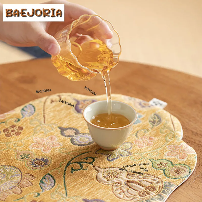 BAEJORIA Brocade Shimmering Gold Gourd Tea Table Mats Luxury Drink Coaster Dinner Table Cloth Mat For Tea Accessories Decoration