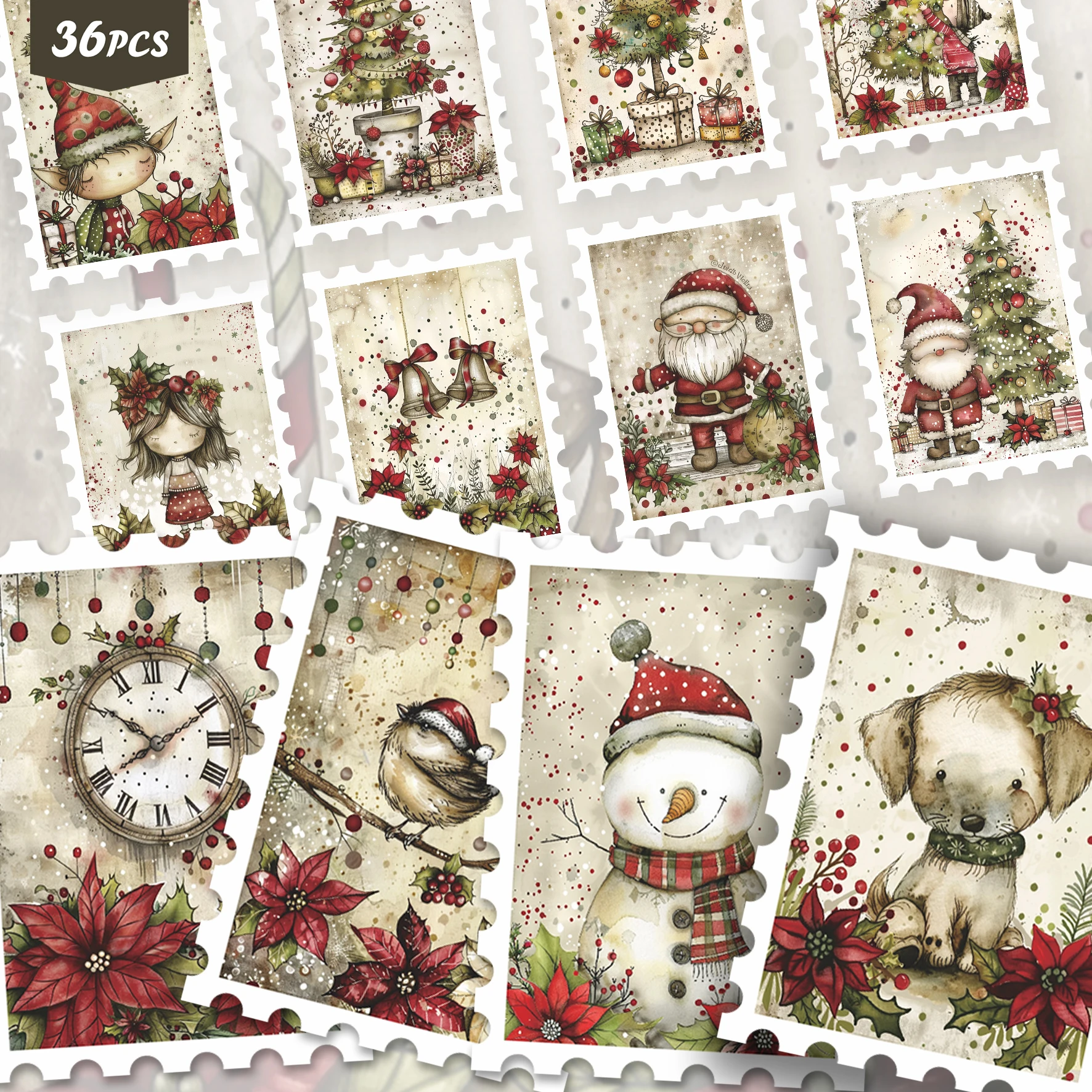 36PCS Retro Xmas Decorative Sticker Set, warm festive scene illustrations, gentle old‑time vibe, perfect for journals, for pads