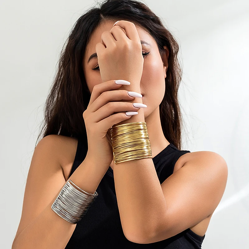 Vintage Punk Layered Wide Wire Cuff Bangle Bracelets for Women Exaggerated Gold Silver Color Metal Bangle Female Trendy Jewelry