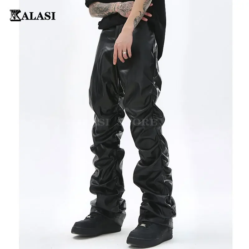 Hip Hop Mens Pleated Pu Leather Pants Harajuku Retro Streetwear Loose Ruched Casual Trousers Straight Solid Color Black Pants