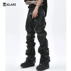 Pantaloni in pelle Pu pieghettati da uomo Hip Hop Harajuku Retro Streetwear pantaloni Casual arricciati larghi pantaloni neri dritti in tinta unita