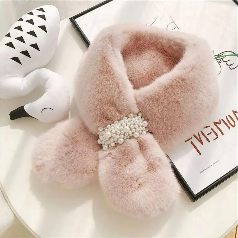 Winter Pearl Plush Scarf For Women Autumn Cute Thickened Warm Faux Fur Cross Scarves Girls Soft Neck Ring Scarf Korean Style