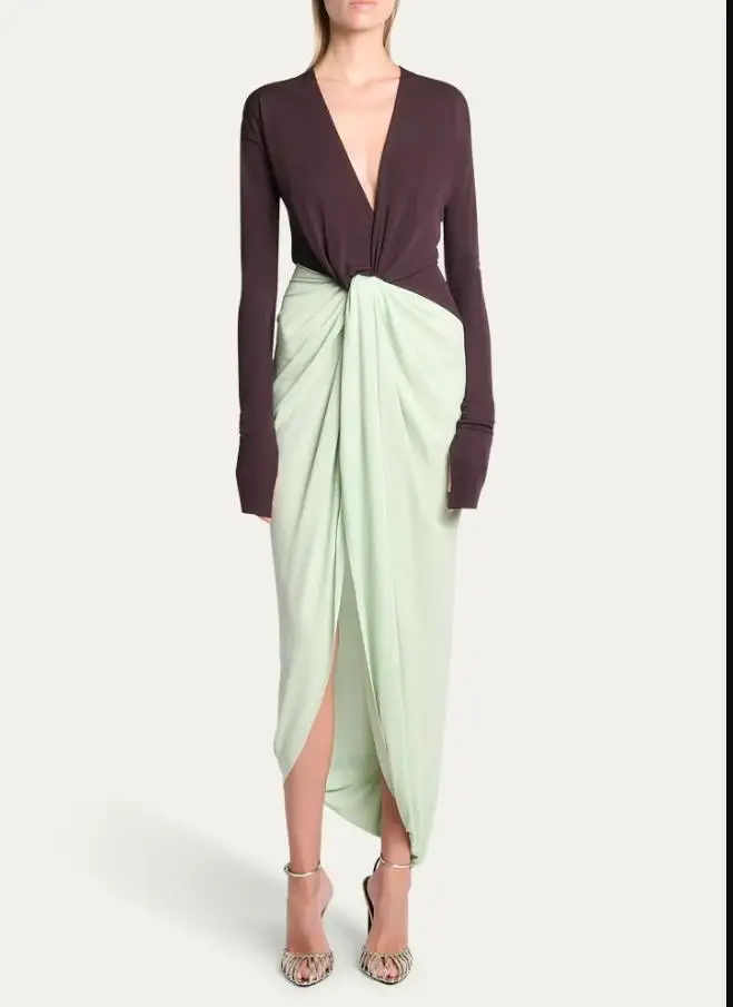 Customized Knotted Gathered Two-tone Jersey Gown 2025 Contrast Color Asymmetrical Hem Prom Dress Deep V Neck Long Sleeve Bodycon