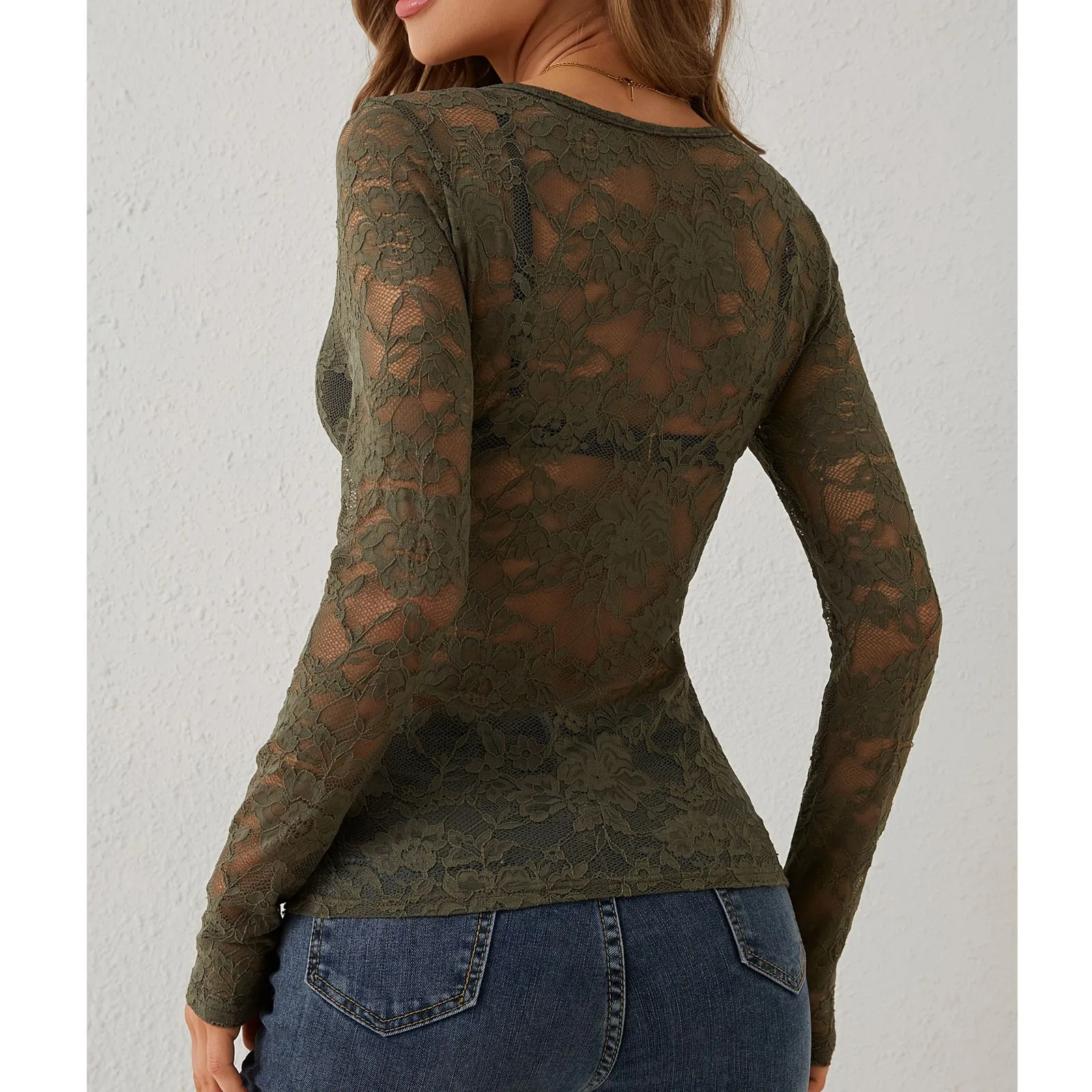 Haut en dentelle pour femme, couleur unie, dentelle florale, Base de décoration en forme d'éventail, petit haut à manches longues, col en V