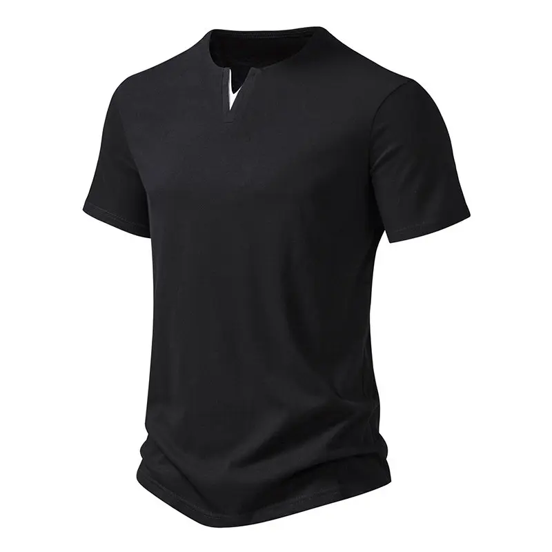 New Summer Cotton T Shirts Men Fashion V Neck Short Sleeve Casual Tops Tees Mens Solid Color White Black Breathable Tshirt Man