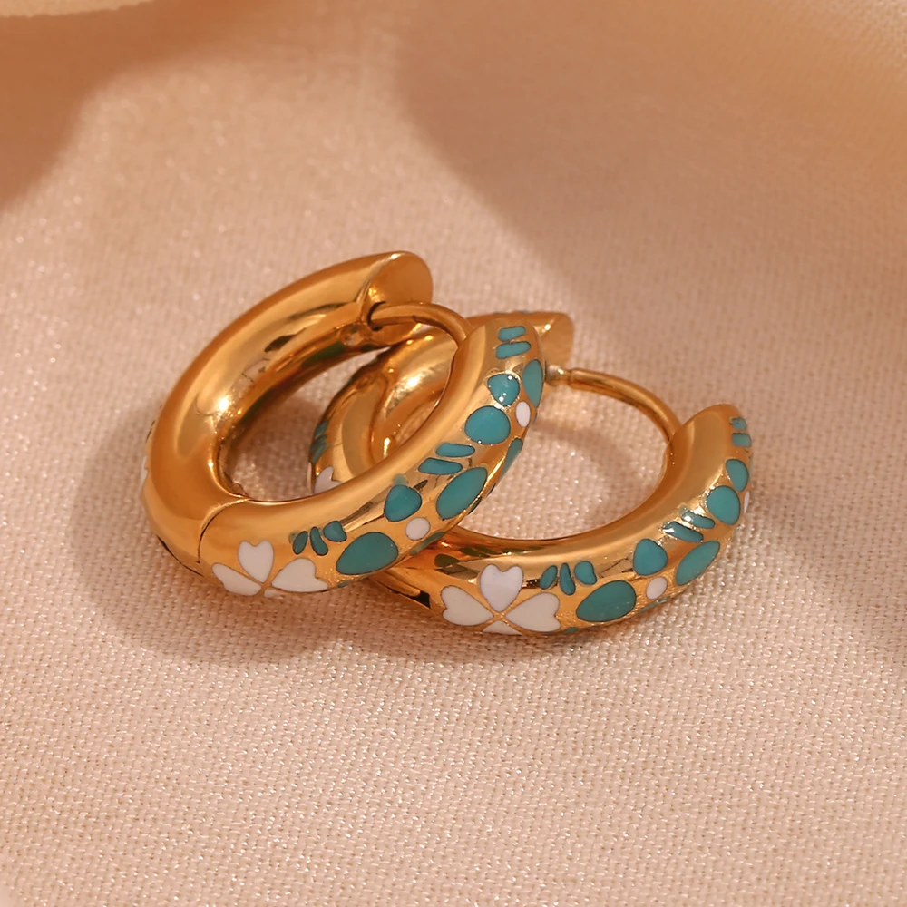 E.B.belle Colorful Enamel Clover Flower Hoop Earrings 316L Stainless Steel Fashion 18K Gold Plated Earrings for Women Jewelry