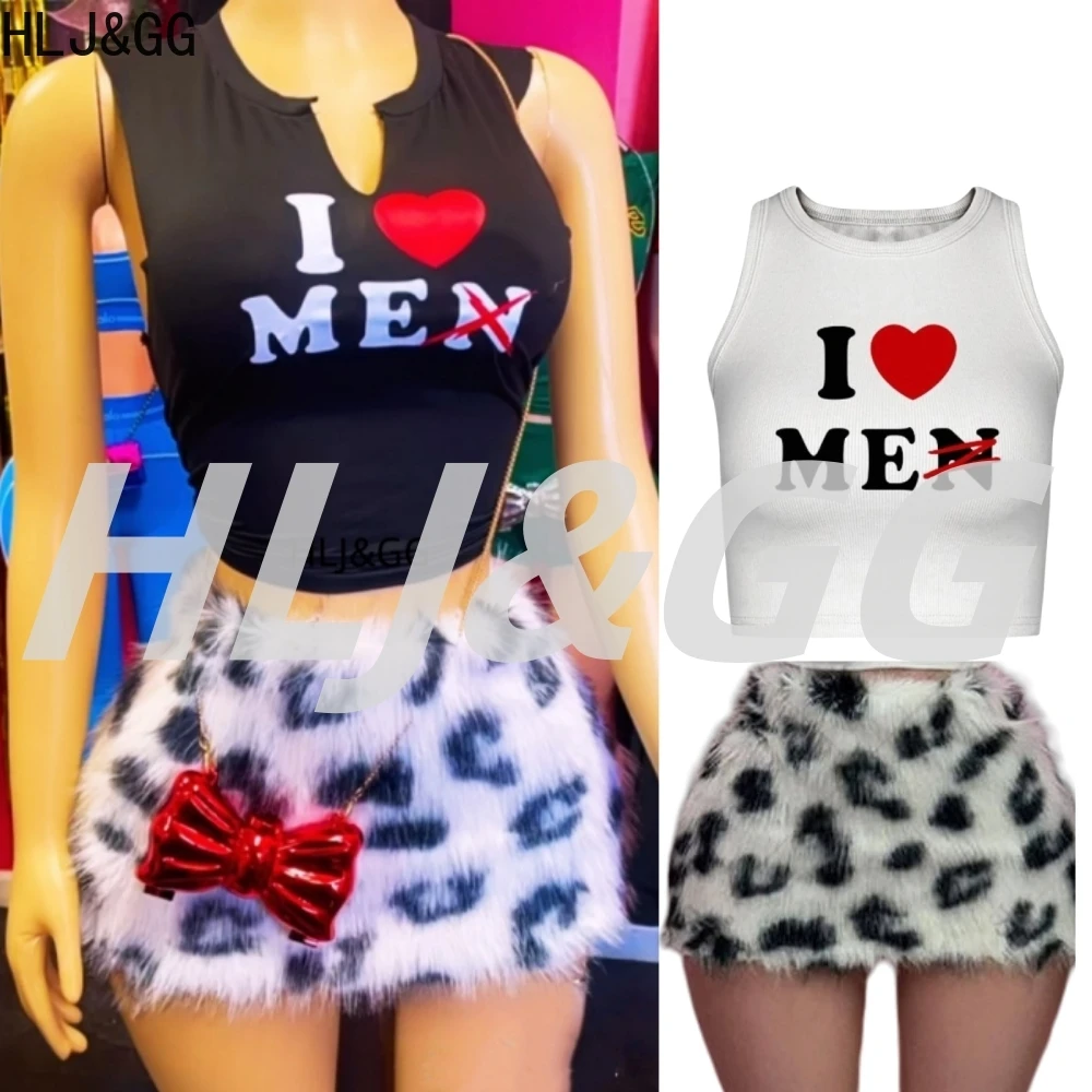 

HLJ&GG Y2K Fashion Streetwear Women Letter Print Round Neck Sleeveless Slim Tank Top And Fur Mini Skirts Two Piece Sets Outfits