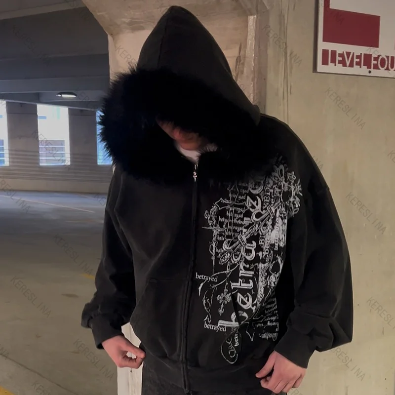 Y2k Felpa con cappuccio versatile con cerniera vintage gotico High Street Fashion Autunno e inverno Comode felpe versatili per uomo e donna emo