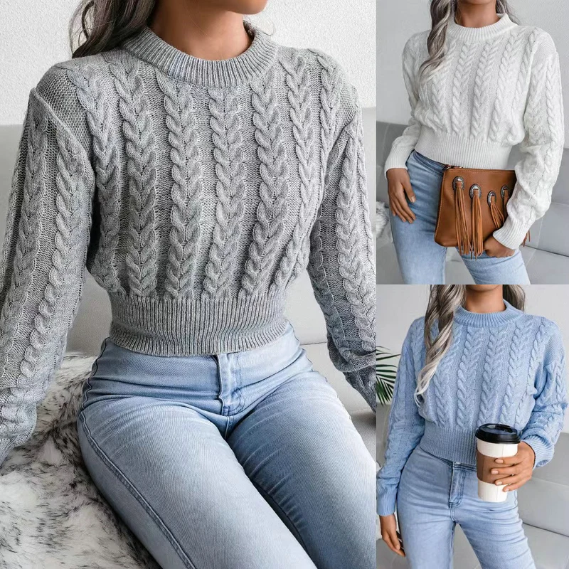 

Autumn Winter Short Fried Dough Twists O Neck New Pullover Sweater Fashion Solid Color Slim Street Style Women's Knitting Tops
