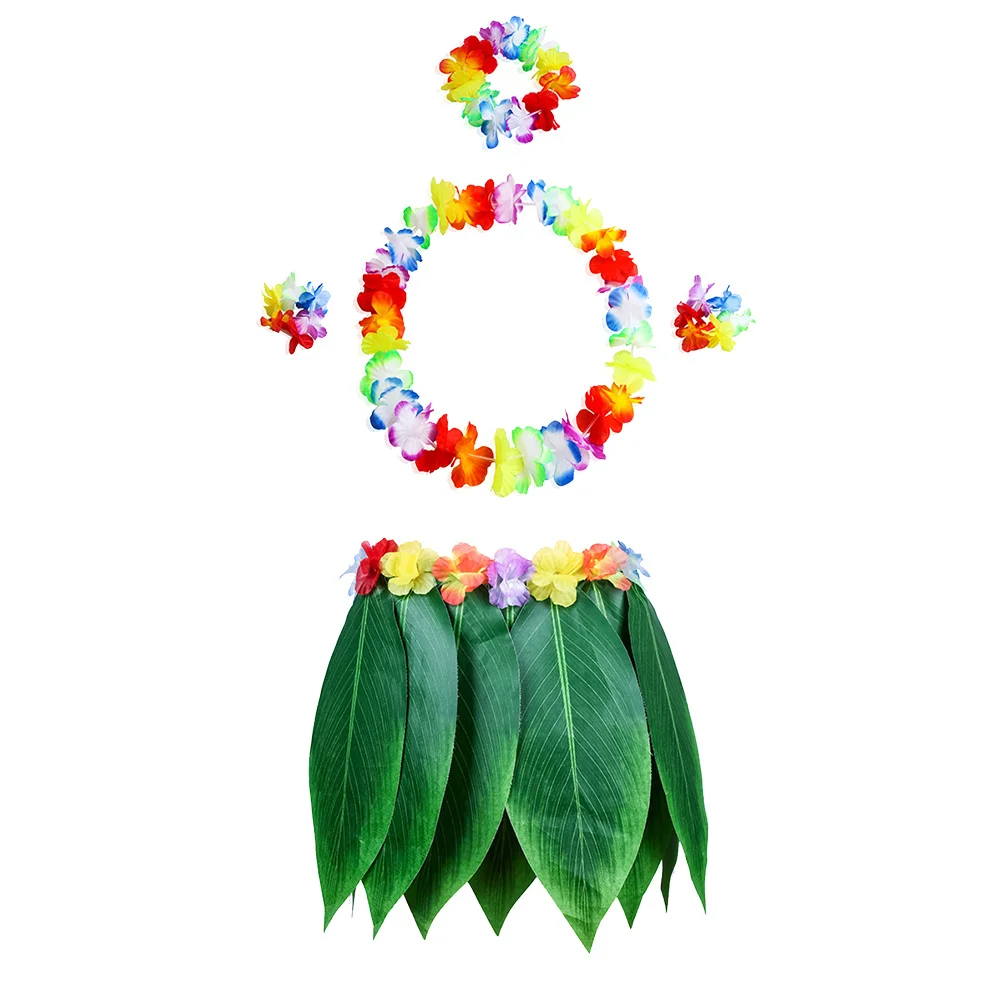 

5pcs Grass Skirt Set Adjustable Elastic Waist Tropical Party Decor Hawaii Luaus Wedding Celebration Accessory For Adults