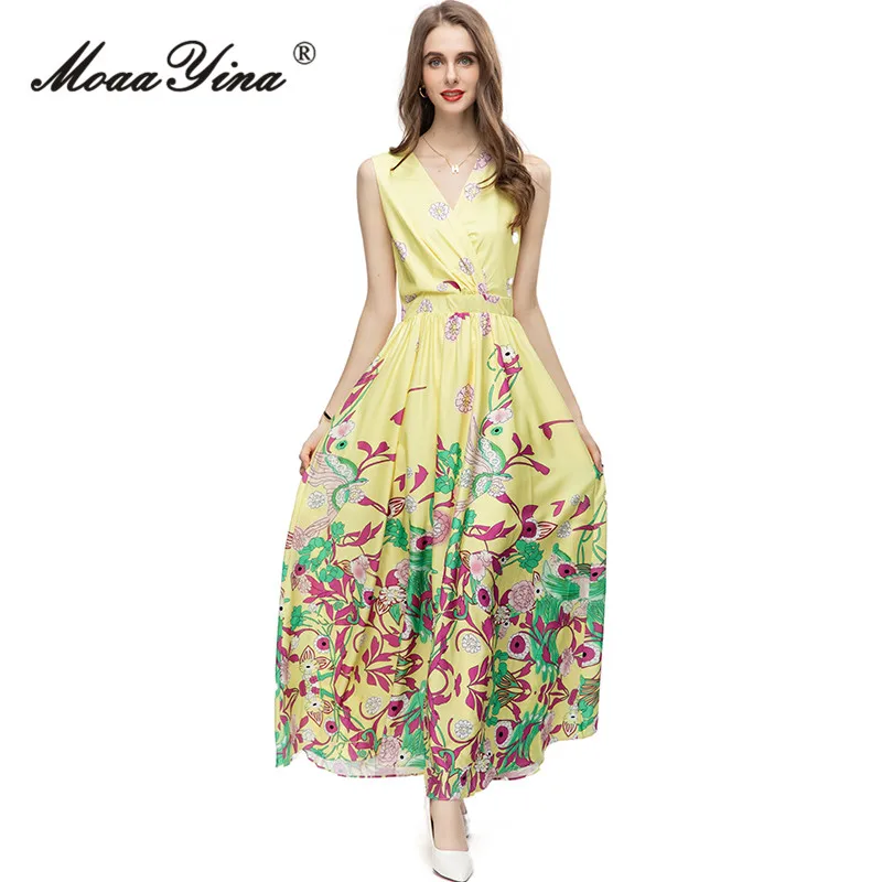 MoaaYina-vestido con estampado Floral Vintage para mujer, conjunto de 2 piezas con capa larga y cuello en V, cintura elástica, Chaleco Ajustado