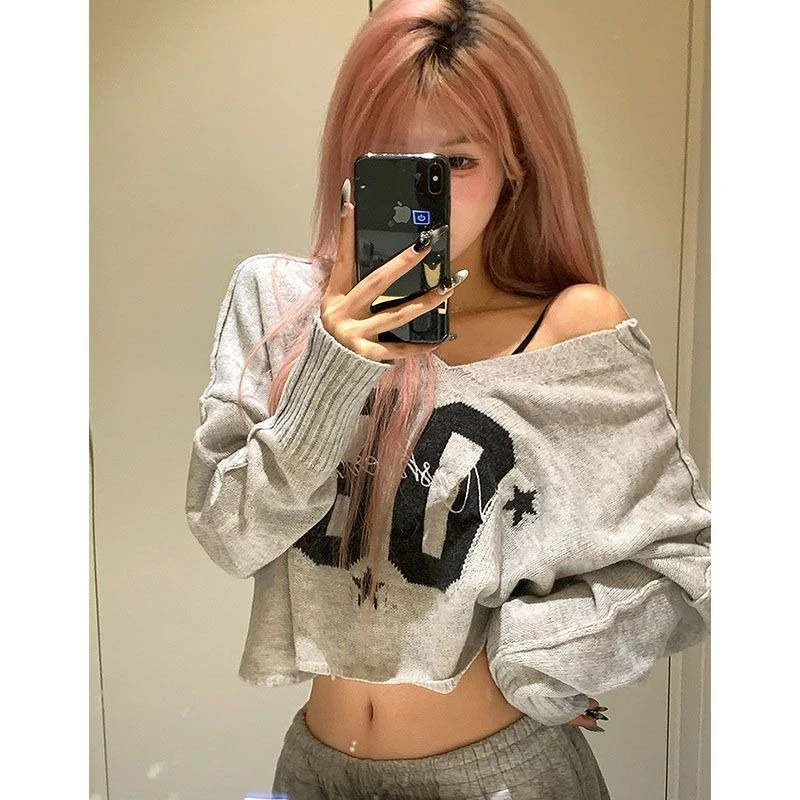 

Deeptown American Retro Sweaters Women Y2k Gray Oversize V-neck Crop Tops Vintage Harajuku Casual Long Sleeve Knitted Pullover