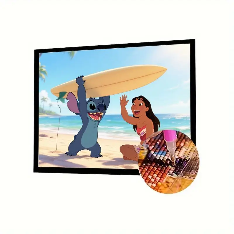 

5D Full Drill Disney Lilo & Stitch Diamond Painting Kit, DIY Cartoon Alien & Girl Surfing Beach Scene Crystal Rhinestone Embroid