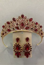 Paquete de pendientes y corona de Henna de Tiara nupcial dorada de circonia cúbica de cristal rojo oscuro