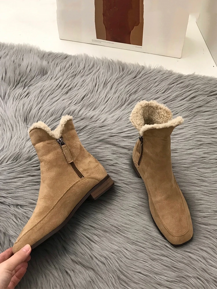 

Trendy ort Snow Boots 2023 New Low Heel Fce Lined Side Zipper Matte Leather Fur Boot Sweet Cool Sle Korean Version