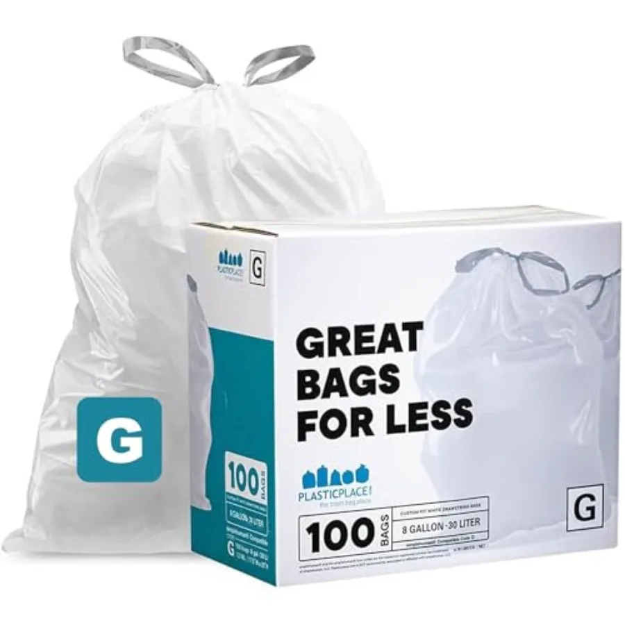 

Custom Fit Trash Bags, Compatible with simplehuman Code G White Drawstring Garbage Liners 8 Gallon/ 30 Liters, 17.5" x 28