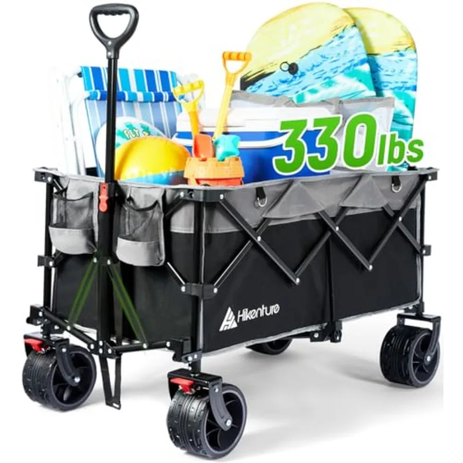 Beach and garden use: heavy-duty steel, black, 330lbs capacity, collapsible with big sand wheels and brakes