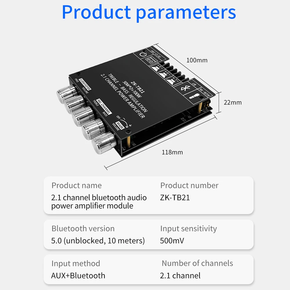 Audio ZK-TB21 Bluetooth Amplifier Channel 2.1 Stereo Audio Amp 50Wx2+100W for Karaoke Home Theater Sound System