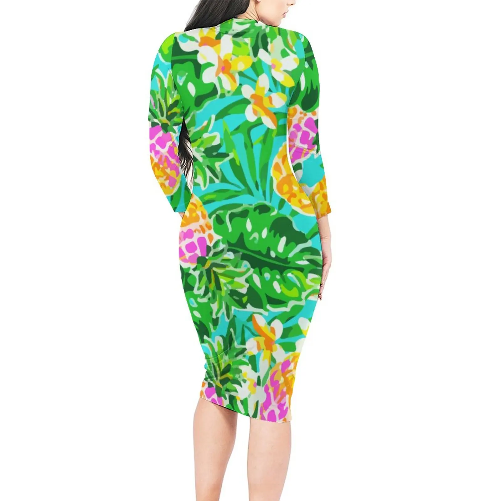 Garden Of Pineapples Dress Long Sleeve Palm Leaves Print Dresses Spring Vintage Bodycon Dress Female Design Oversized Vestidos