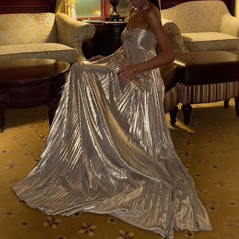 Silver Sexy Gowns Evening Dress Woman Spring Strapless High Waist Pleated Long Dresses Summer New Backless Side Split Maxi Dress