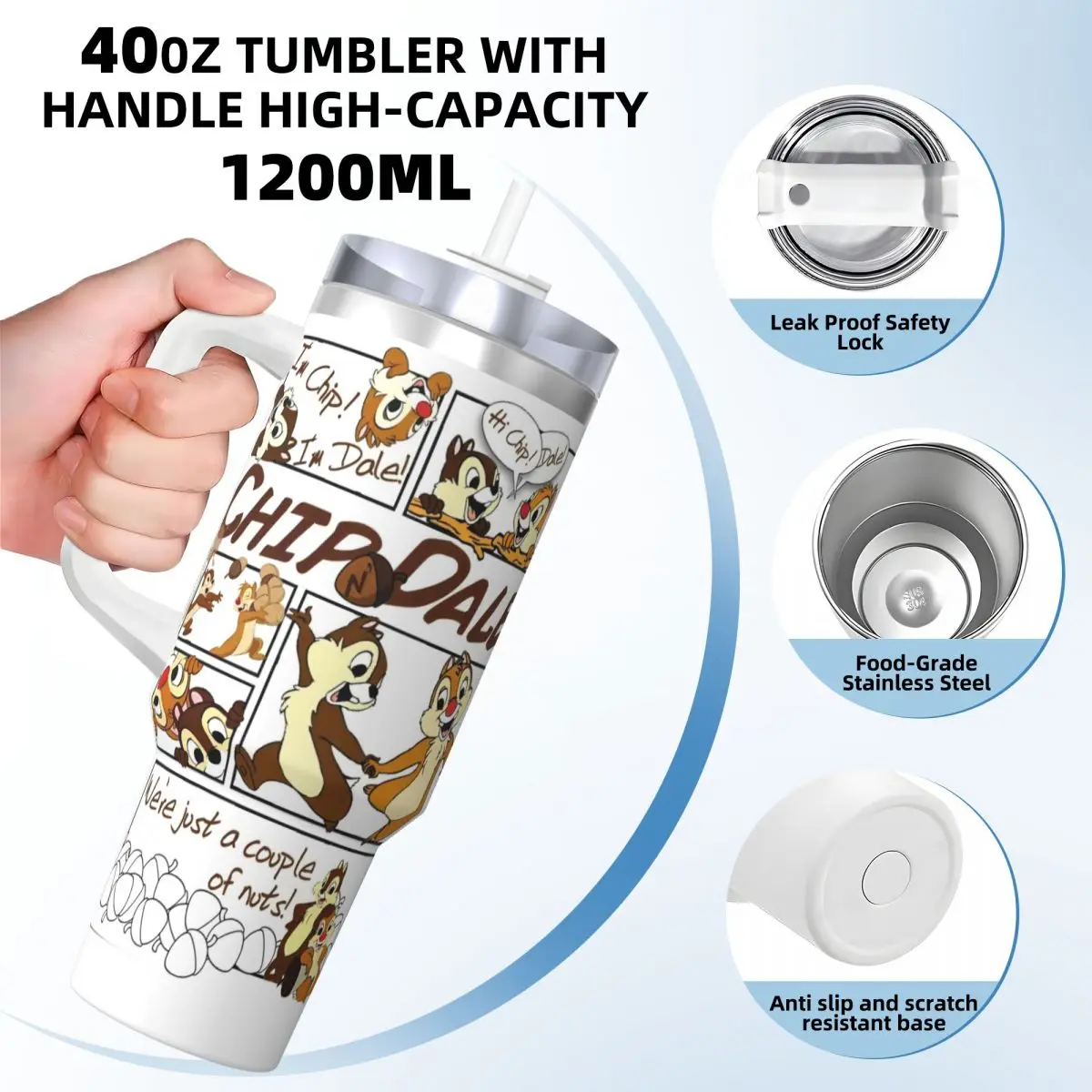 Stainless Steel Tumbler Chip 'n' Dale Naughty Car Mugs With Straws Travel Cold Drink Water Bottle Portable 40oz Thermal Cups