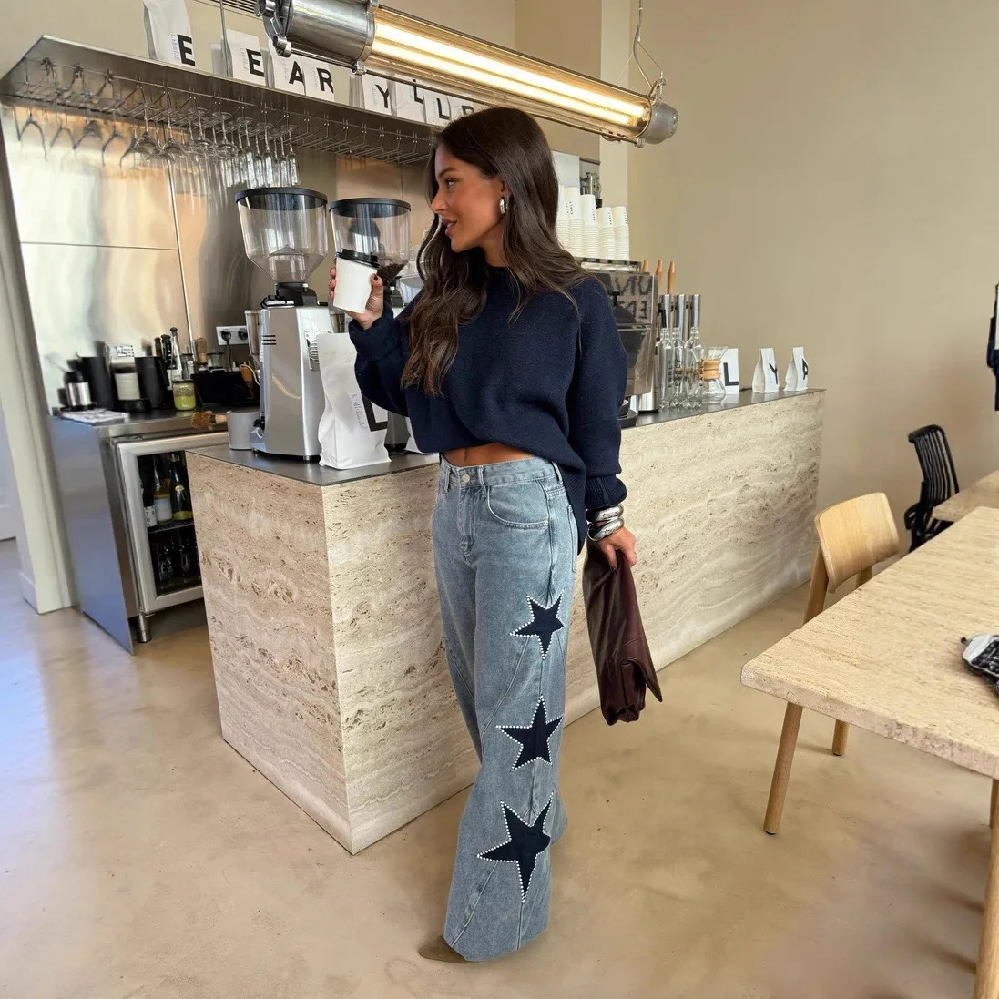 

Style INS European And American Five-Pointed Star Print Jeans For Women Y2K High Street Design Sense Patchwork