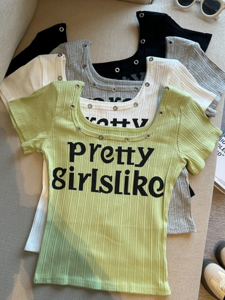 

Korean Spicy Girl Letter Print U-Neck Short Sleeve T-Shirt Women's Summer Elastic Slimming Fashionable Top City Walk Polyeste...