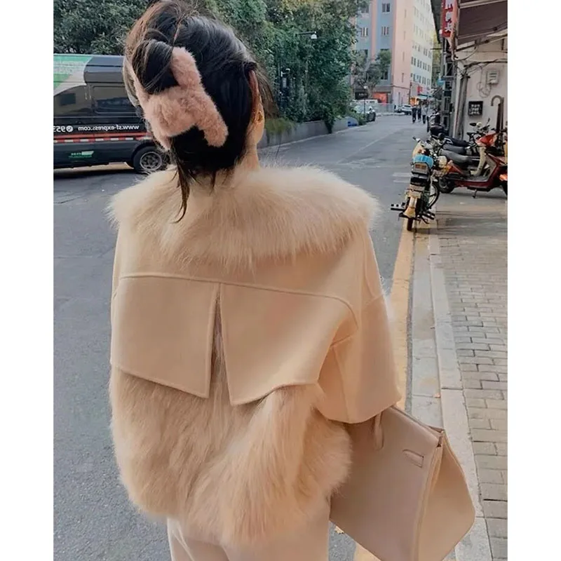 Mulheres coreanas mangas compridas de pelúcia outwear inverno moda feminina curto casaco de pele de vison 2025 senhoras retalhos solto jaqueta de pele do falso