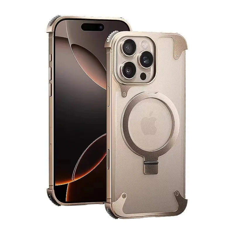 

Metal borderless magnetic stand phone case For iPhone 17Pro Max 17Air 16 Pro 15 14Pro Max Matte semi-transparent phone case