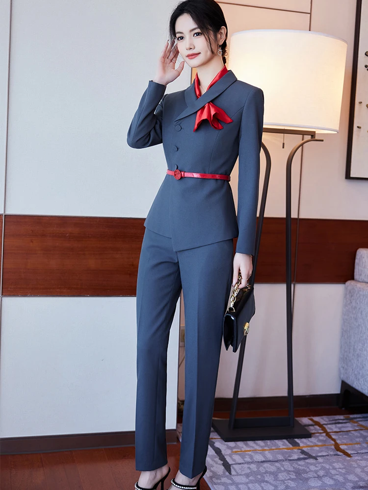 Elegant Office Ladies Pant Suit Women Black Blue Gray Female Business Work Wear Jacket Blazer and Trouser Formal 2 Piece Set