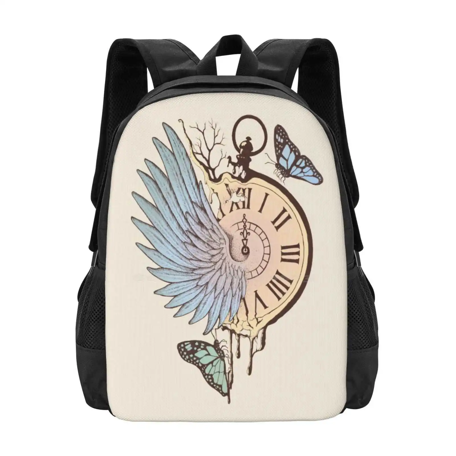 Le Temps Passe Vite ( Time Flies ) Teen College Student Backpack Pattern Design Bags Timeflies Death Surrealism Bird Wing