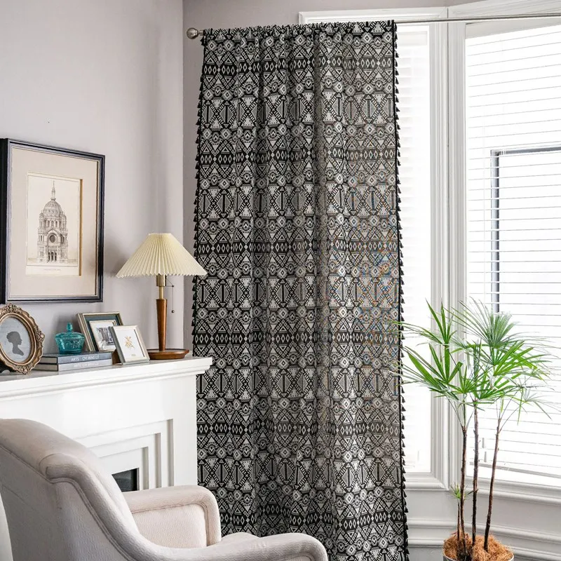 Bohemia Black Geometry with Tassels Curtain Thick Blackout Curtains for Living Room American Style Vintage Drape Kitchen Valance