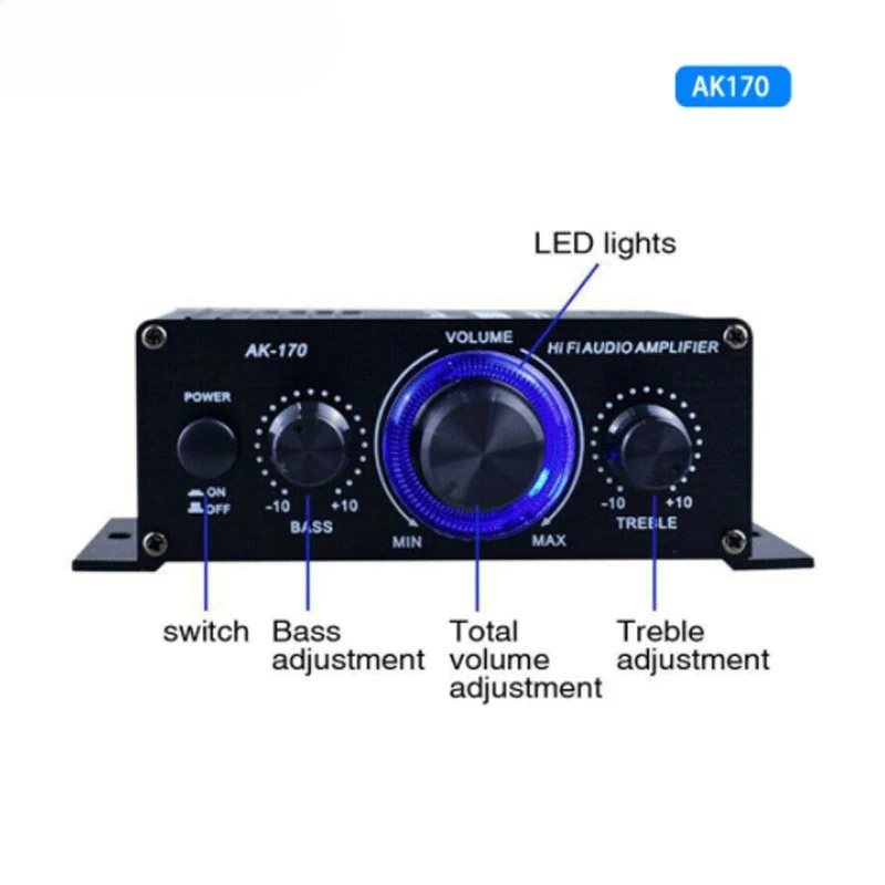 AK170 Hifi Digital Power Audio Car Amplifier Blue Light Stereo Audio Amplifier for Home Theater Club Party Music 200W x2