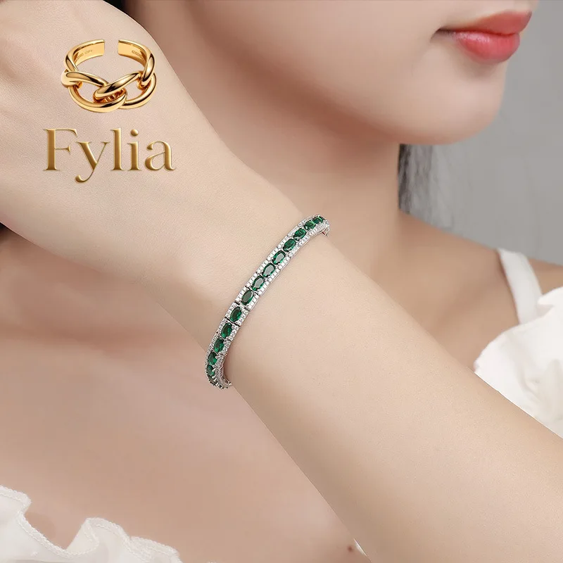 

Fylia Jewelry Luxury Solid Platinum PT950 Women's Green Diamond Bracelet Ins Fashion Single Row Moissanite Full Diamond Tennis
