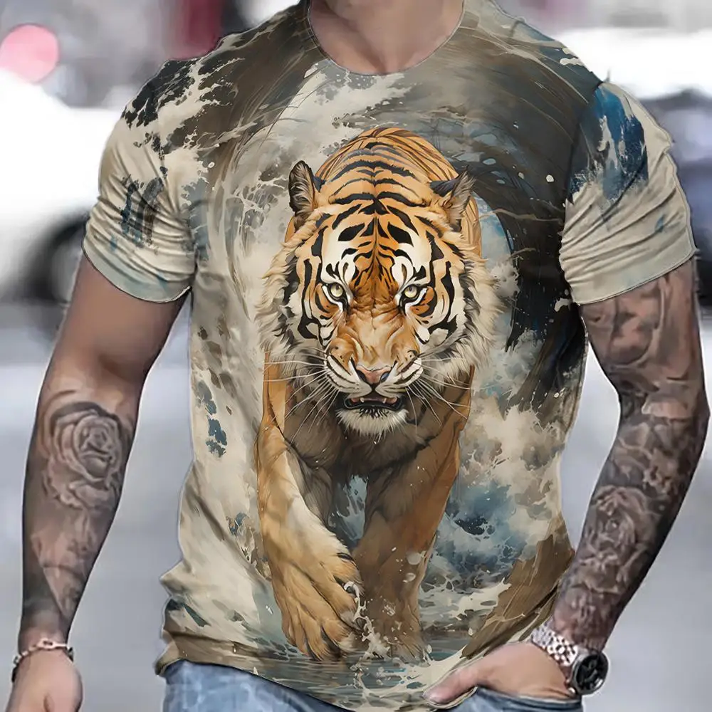 Tiger T-Shirt For Men 3D Animal 3D Print Men\'s Shirts Summer Short Sleeved Tee Male Pullover Oversized Top Casual Men\'S Clothing