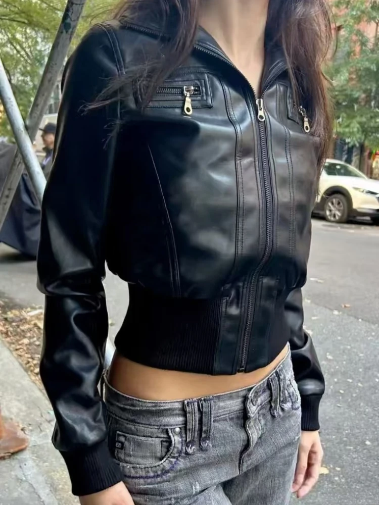 Damen Gothic Punk Kunstleder Kurzmäntel 2026 Herbst Langarm Slim Fit Vintage Streetwear Club Party Kurzjacken