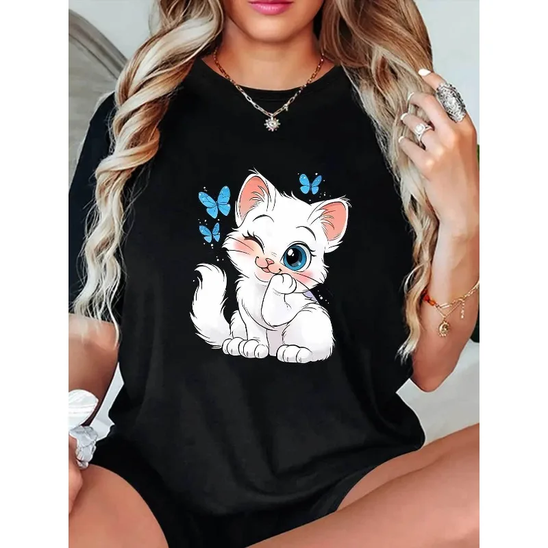 Women's Summer Cute Cartoon Kitten and Butterfly Print T-Shirt Knitted Short Sleeve Round Neck Casual Daily Wear
