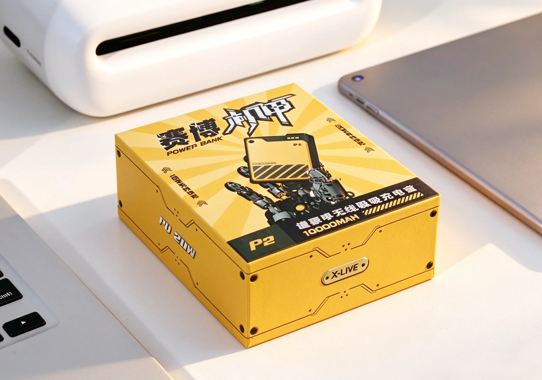 X-LIVE P2 Cyberpunk Mobile Power Bank 10000mah Mecha Glare Yellow Magnetic Magsafe 15W Wireless Fast Charging Power Bank
