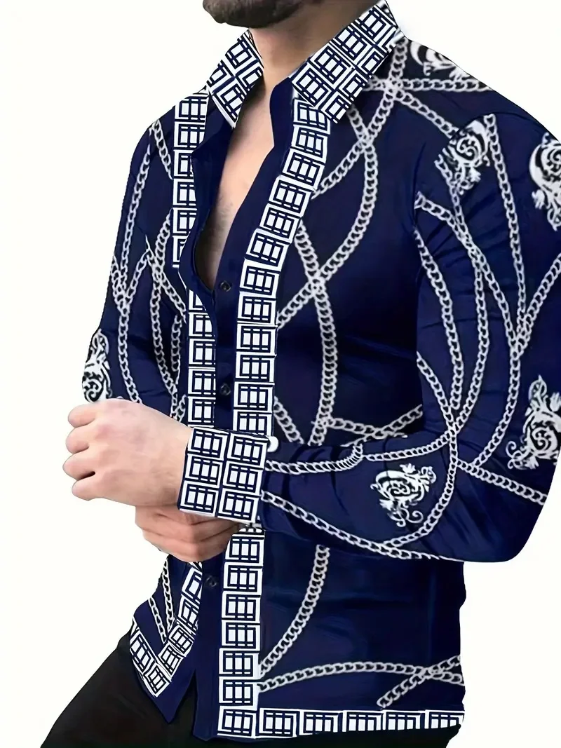 Party Fashion Style Gold Chain Pattern, Men\'s Fashion Long Sleeve Casual Lapel Shirt, Spring Autumn Beach Party Men\'s Formal Men