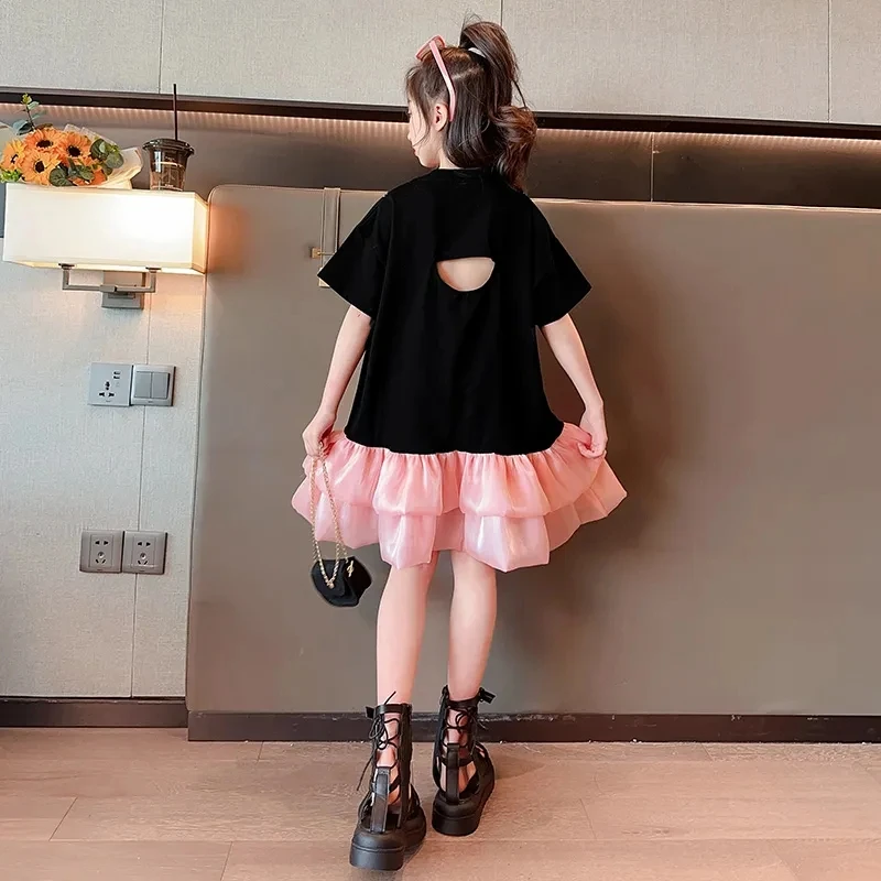 3-11Years Girls Summer Dress Children Patchwork Short Sleeve Dresses for Girls Cute Outfits Clothing Toddler Blackless Dress 8 9