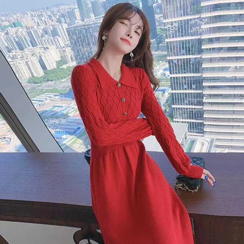 2023 Autumn winter new in Chic Red knit dress women long sleeves O-Neck Button elegant Party dresses