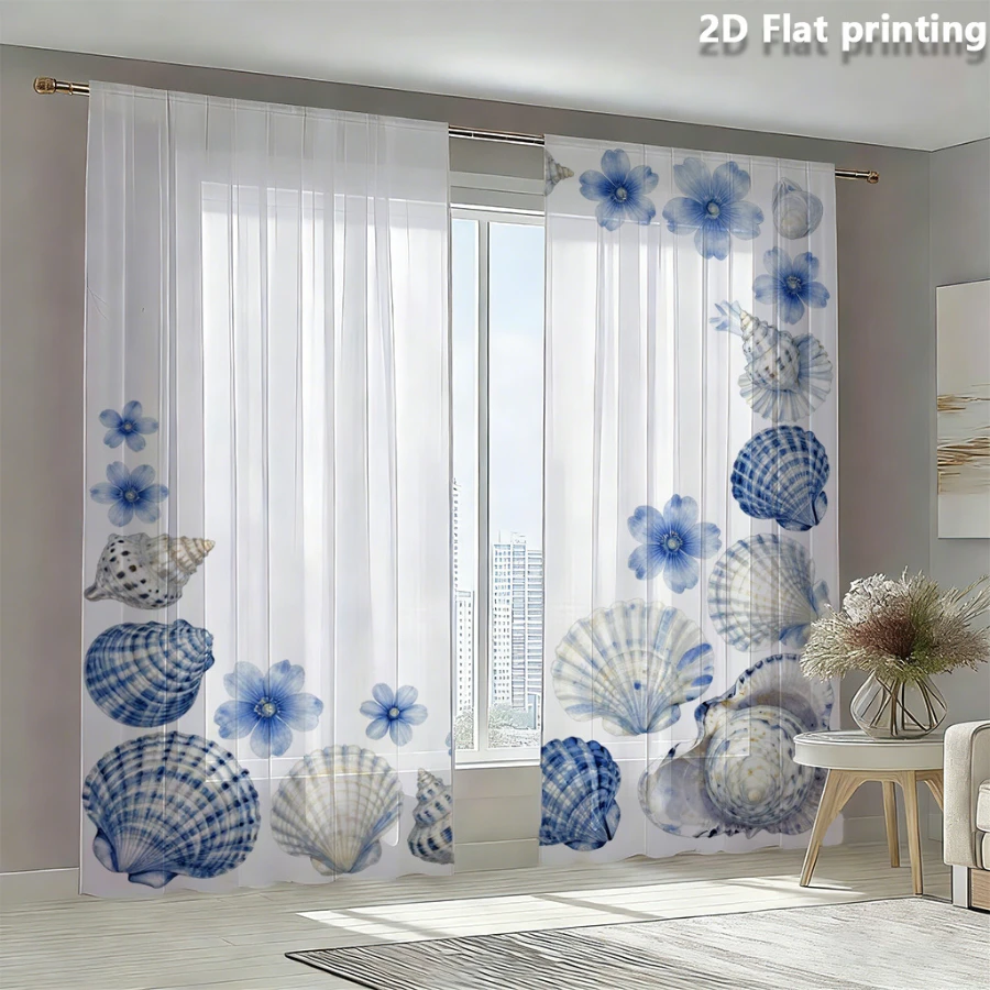 2PCS Digital Print Sheer Curtain, Blue Flower Shell, Modern Minimalist Window Curtains for Living Room Bedroom Home Decor