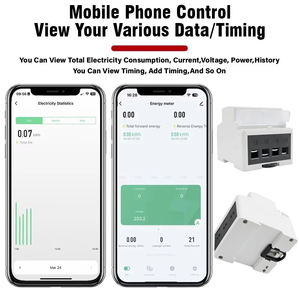 100A Tuya WiFi Smart Single Phase Energy Meter Over Under Voltage Protector Electricity Bi-Directional Measure kWh Power Meter