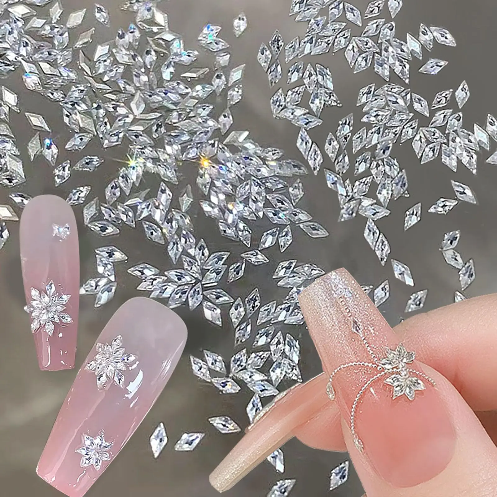 100PCS 3D Transparent Small Zircon Nail Rhinestones Crystal Beads 1.5*3mm 100pcs Rhombic Nail Gemstones DIY Manicure Accessories