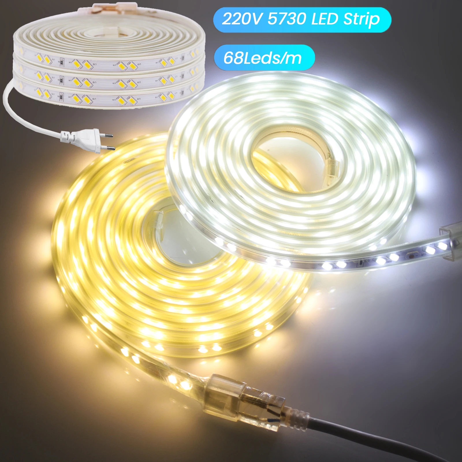 1m-100m 220V LED Strip 68leds/m SMD 5730 Flexible Led Tape Light Waterproof High Brightness White /Warm White With EU Power Plug