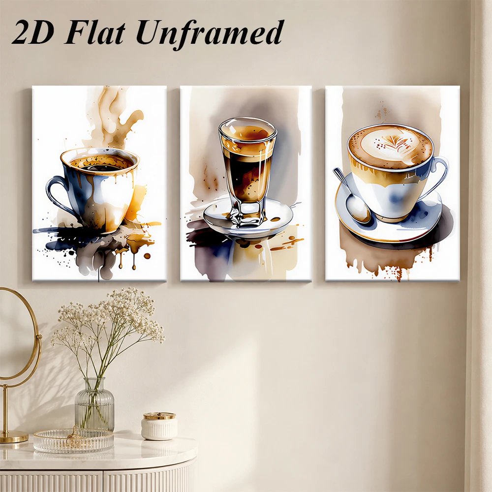 1 set of modern minimalist coffee themed frameless decorative paintings, triptych living room watercolor art paintings, 2D plan